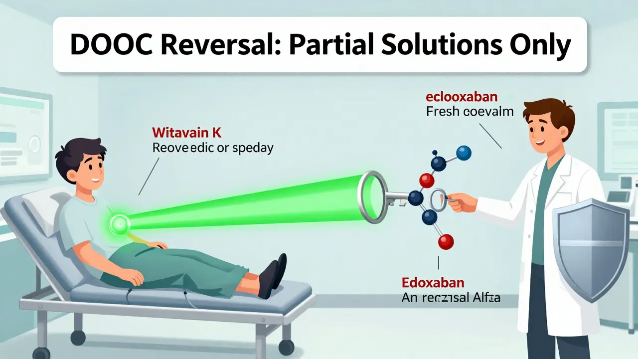 Emergency room scene contrasting reversal agents for warfarin and some DOACs, with edoxaban lacking a known antidote.