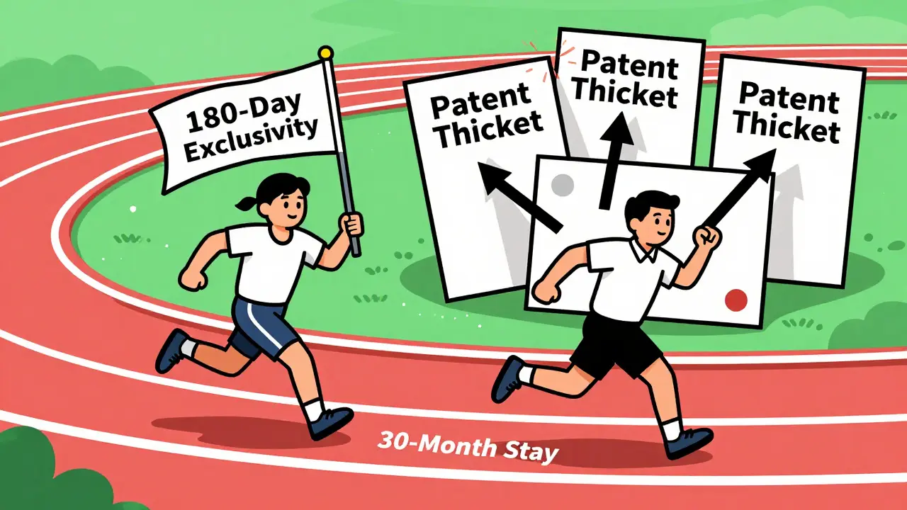 Legal race between generic and brand drug companies with patent barriers and 30-month stay clock.