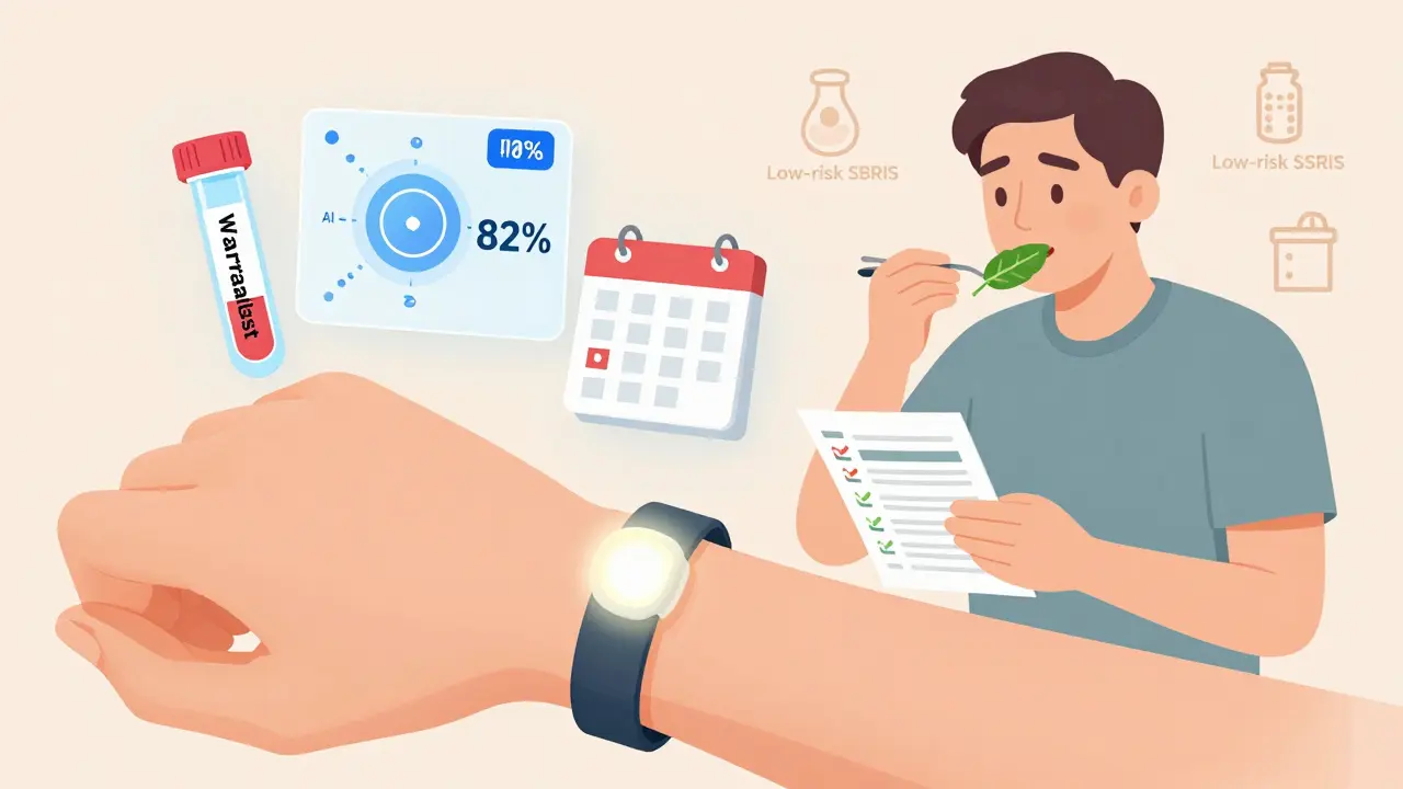 Medical alert bracelet with genetic test, AI dosing tool, and INR testing calendar icons floating nearby.