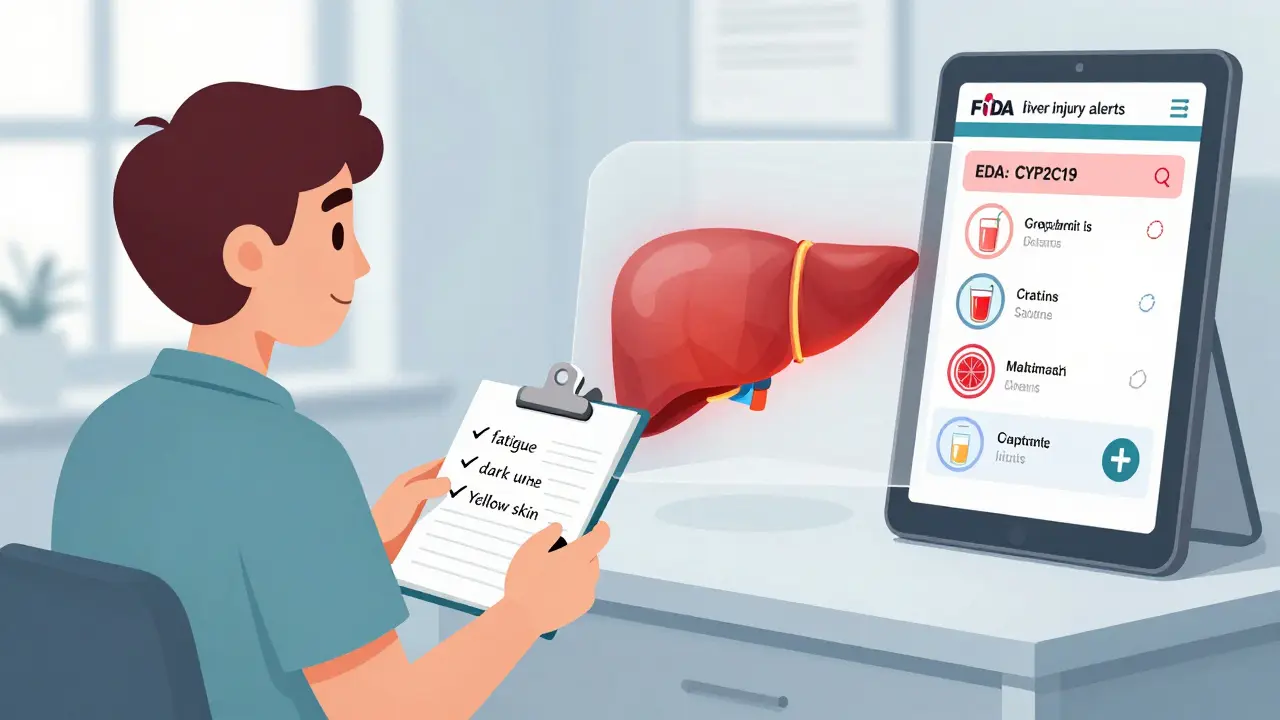Patient with symptom journal and liver enzyme overlay showing drug interactions.