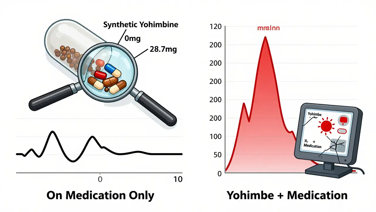 Side-by-side blood pressure graphs comparing stable medication use versus dangerous spike from yohimbe supplement.