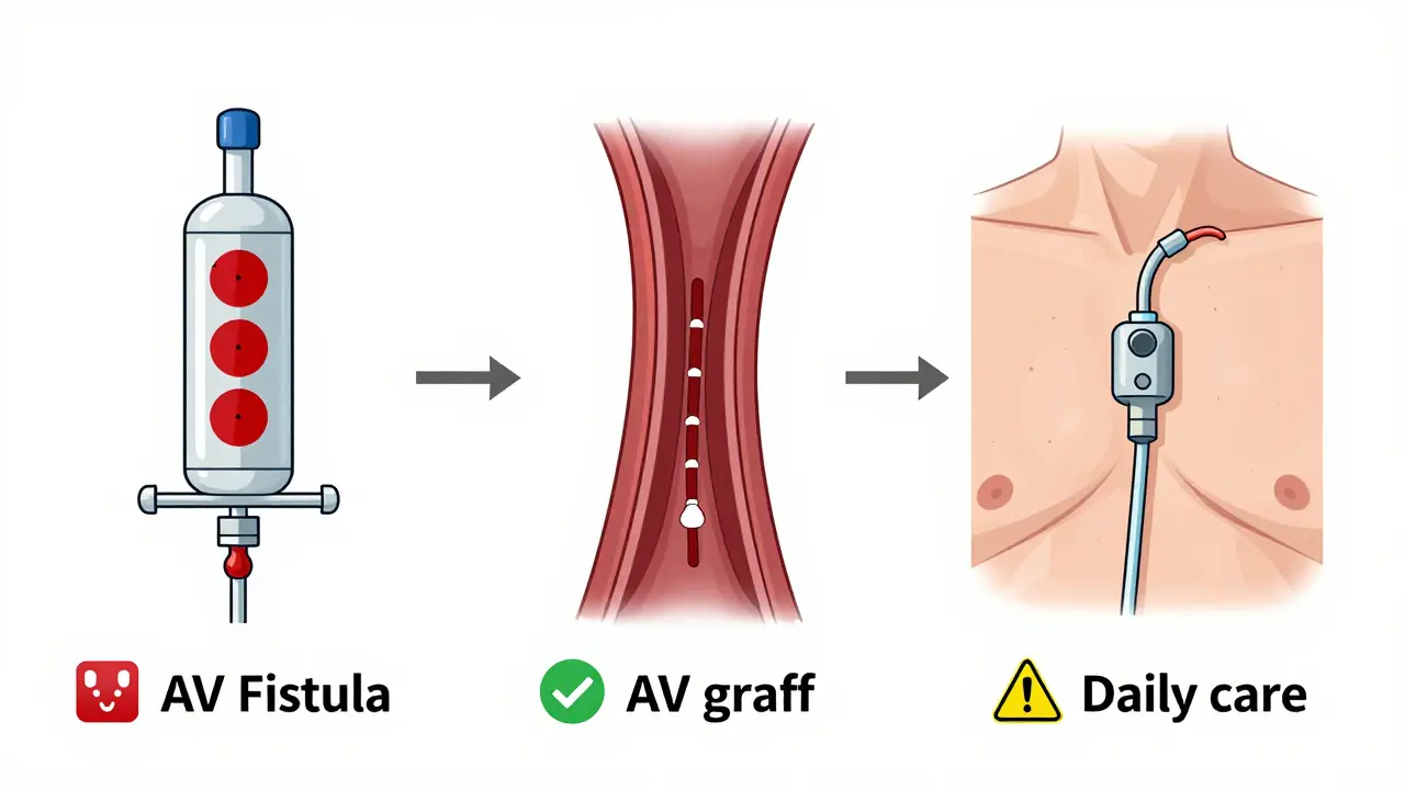 Side-by-side comparison of AV fistula, graft, and central venous catheter with risk and longevity indicators.