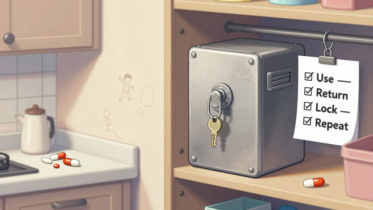 Side-by-side comparison: unsafe medicine storage on counter vs. secure locked box in closet.