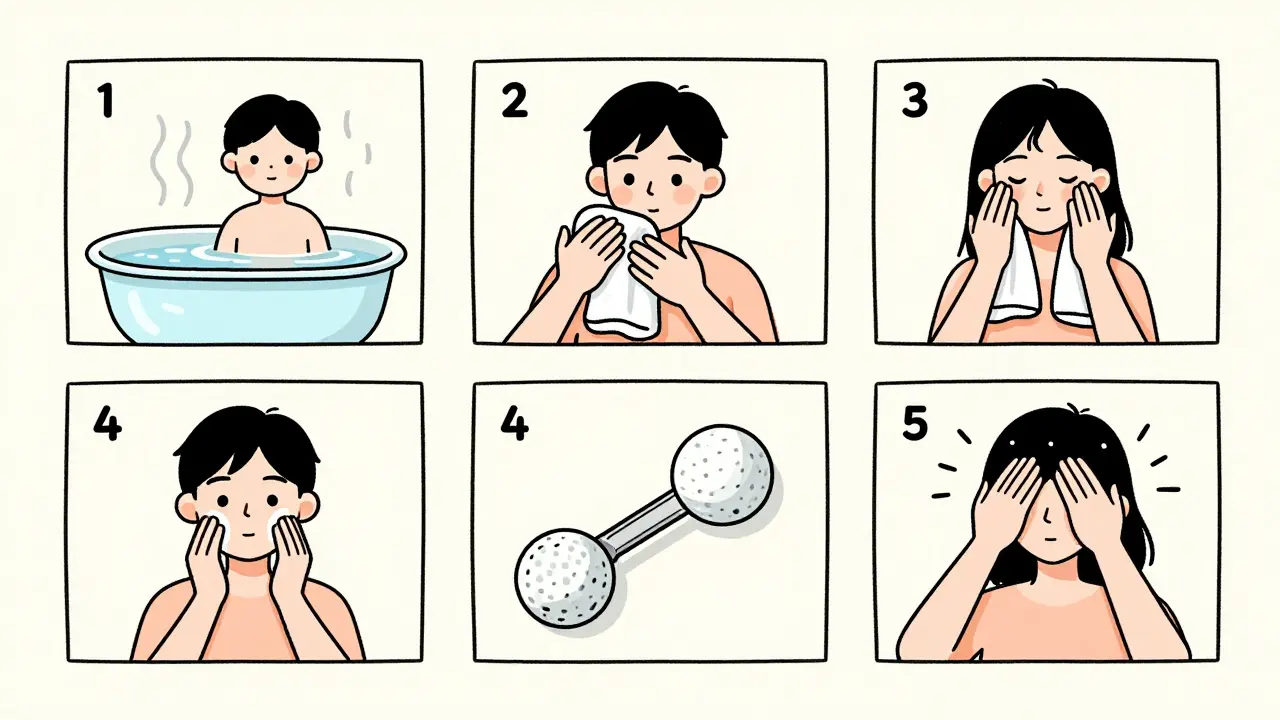 Step-by-step visual guide of the soak and seal method for applying emollient after bathing.