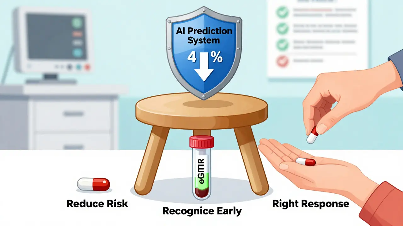 Three-legged stool representing the Three Rs of preventing drug-induced kidney injury: Reduce, Recognize, Right Response.