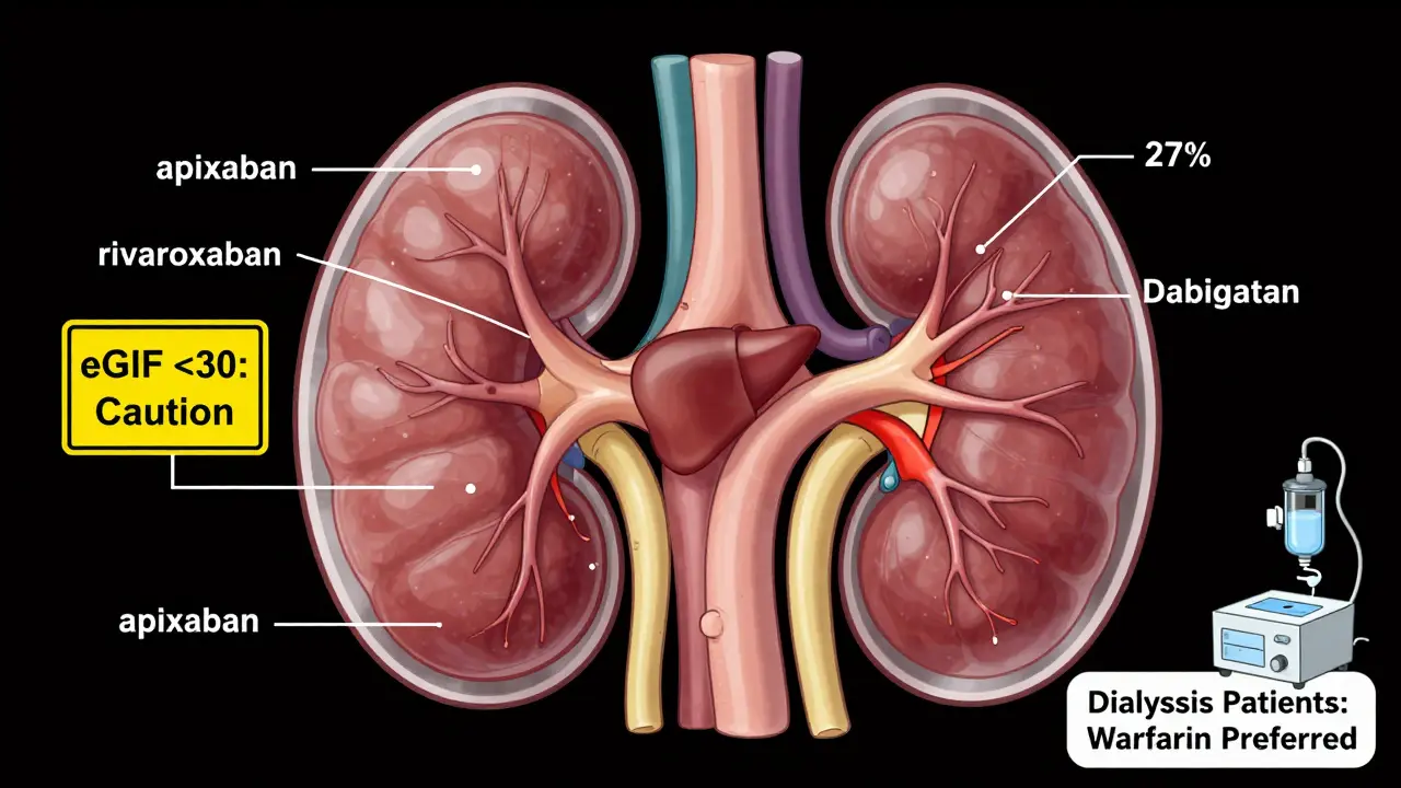 Transparent kidney diagram showing differential clearance rates of DOACs versus warfarin, with eGFR warning and dialysis note.