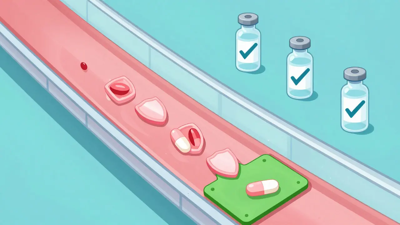 Vein cross-section with medication shields and blood test vials.