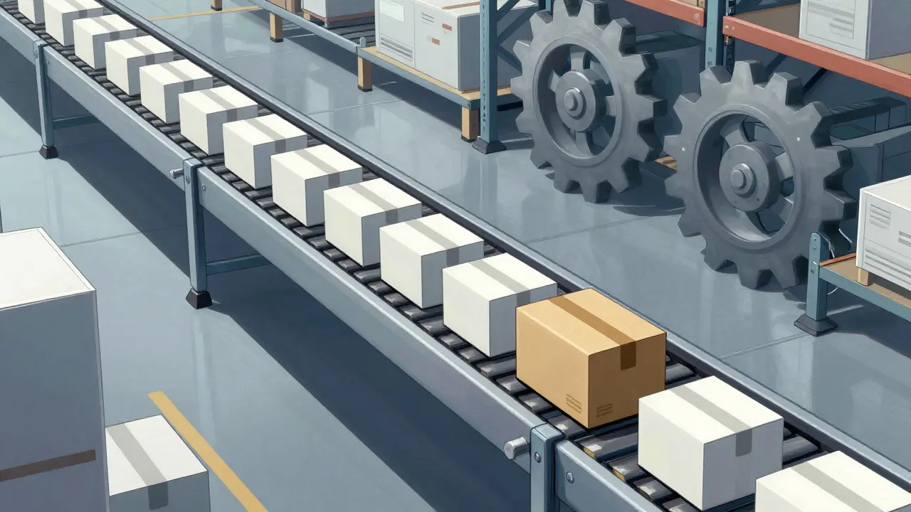 Warehouse scene with suspicious box entering legitimate supply chain line.