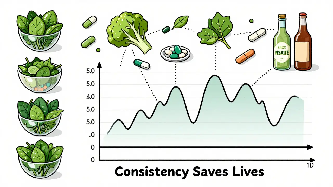 Weekly food and medication log with fluctuating INR graph, contrasting consistent vs. erratic habits.
