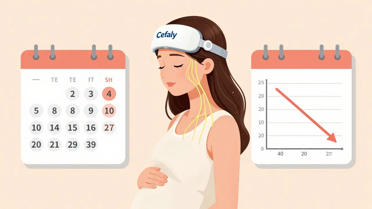 Woman using Cefaly headband during pregnancy with visualized nerve pulses and migraine frequency reduction graph.