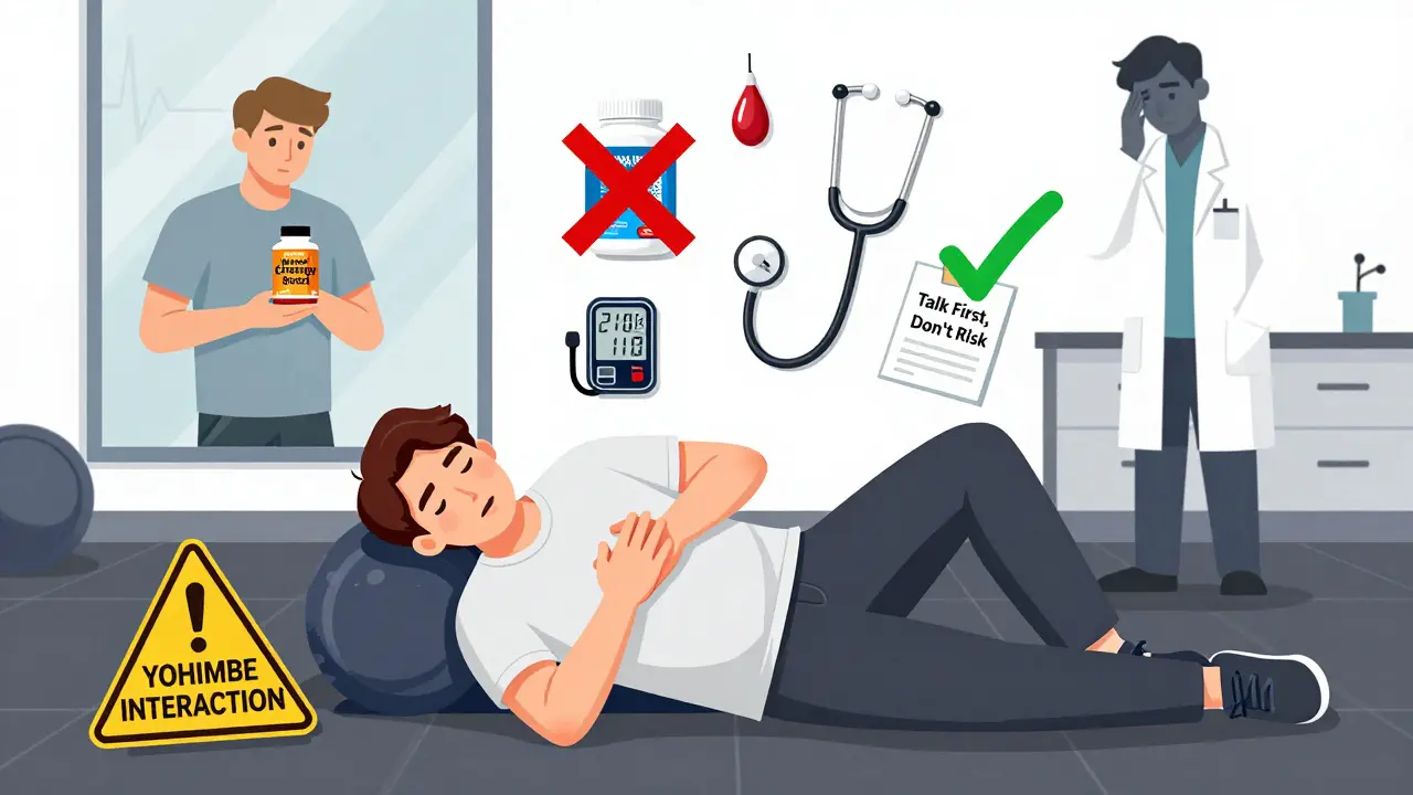 Young adult collapsing in gym with medical alerts floating around, warning of yohimbe interaction risks.