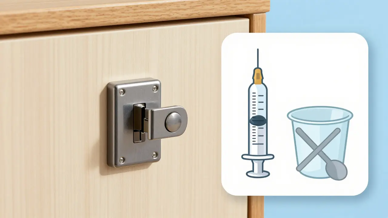 A locked medication cabinet and proper dosing tools like a medical syringe.