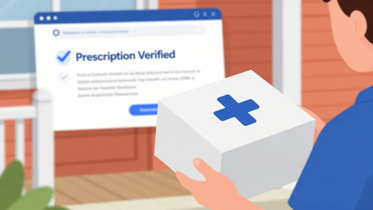 A prescription medication package delivered to a home doorstep.