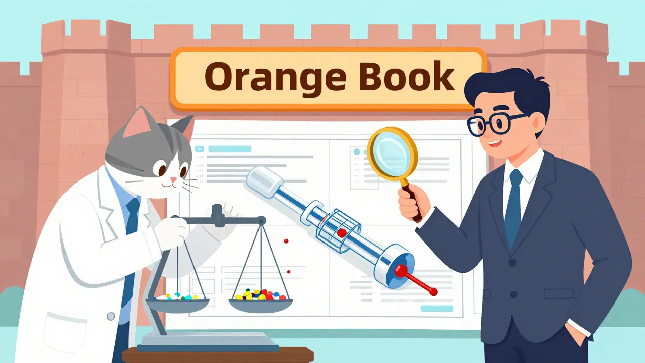 Cartoon illustration of a scientist and lawyer analyzing drug ratios and patent blueprints.