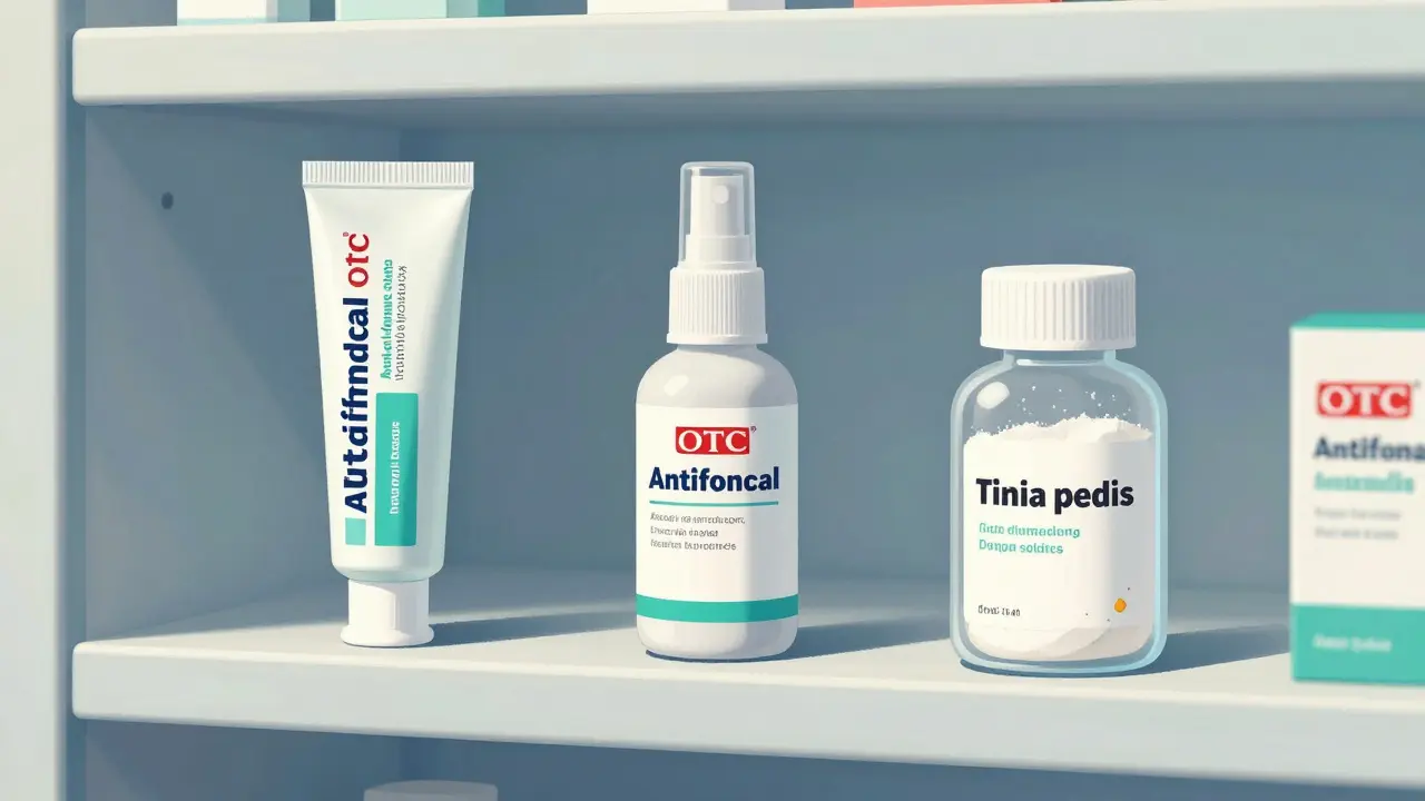 Cartoon style illustration of antifungal cream, spray, and powder products