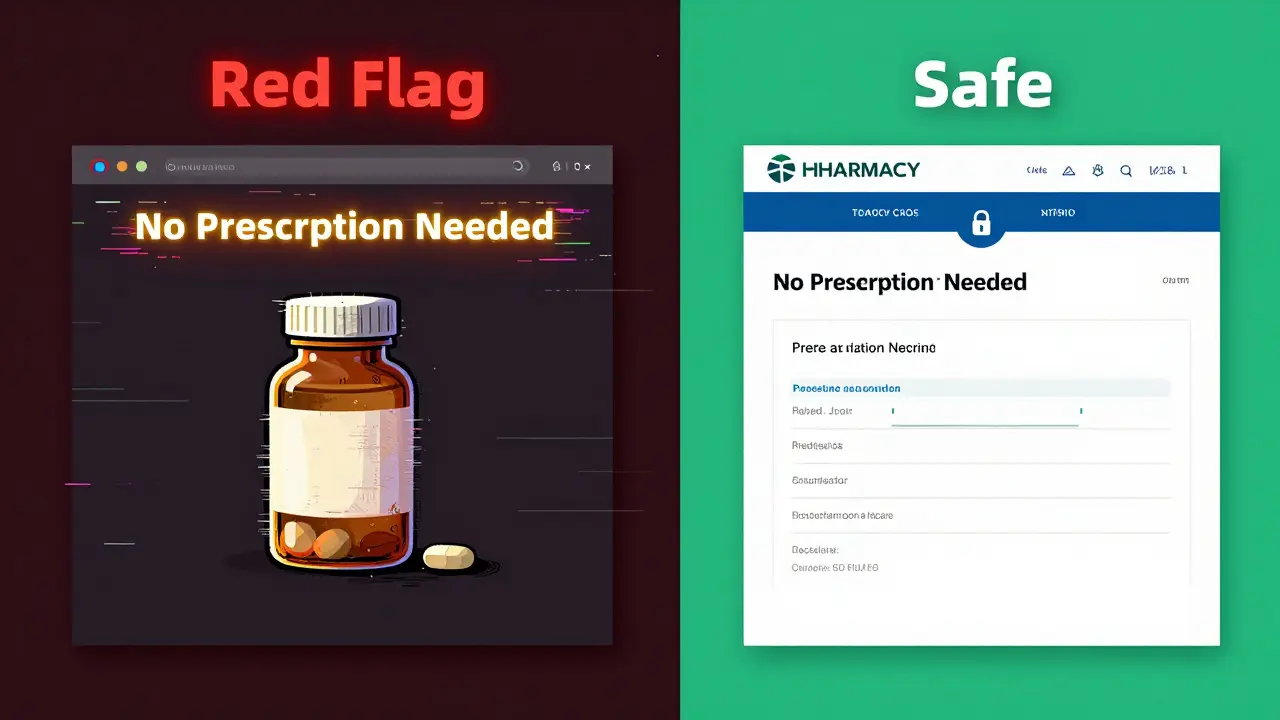 Comparison illustration between a dangerous rogue pharmacy website and a safe, licensed one.