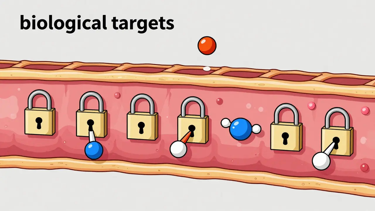 Conceptual drawing of molecules and excipients interacting with cellular receptors on a cell membrane.