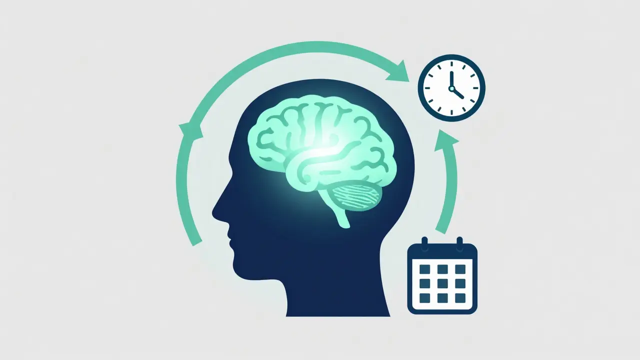 Conceptual illustration of a brain and a cycle representing medication maintenance.