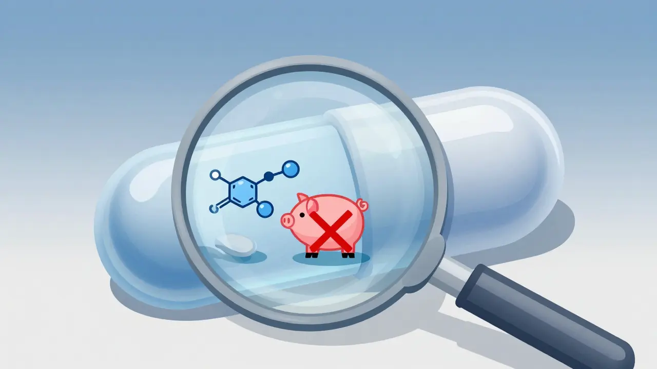 Cross-section of a medicine capsule highlighting prohibited gelatin ingredients.