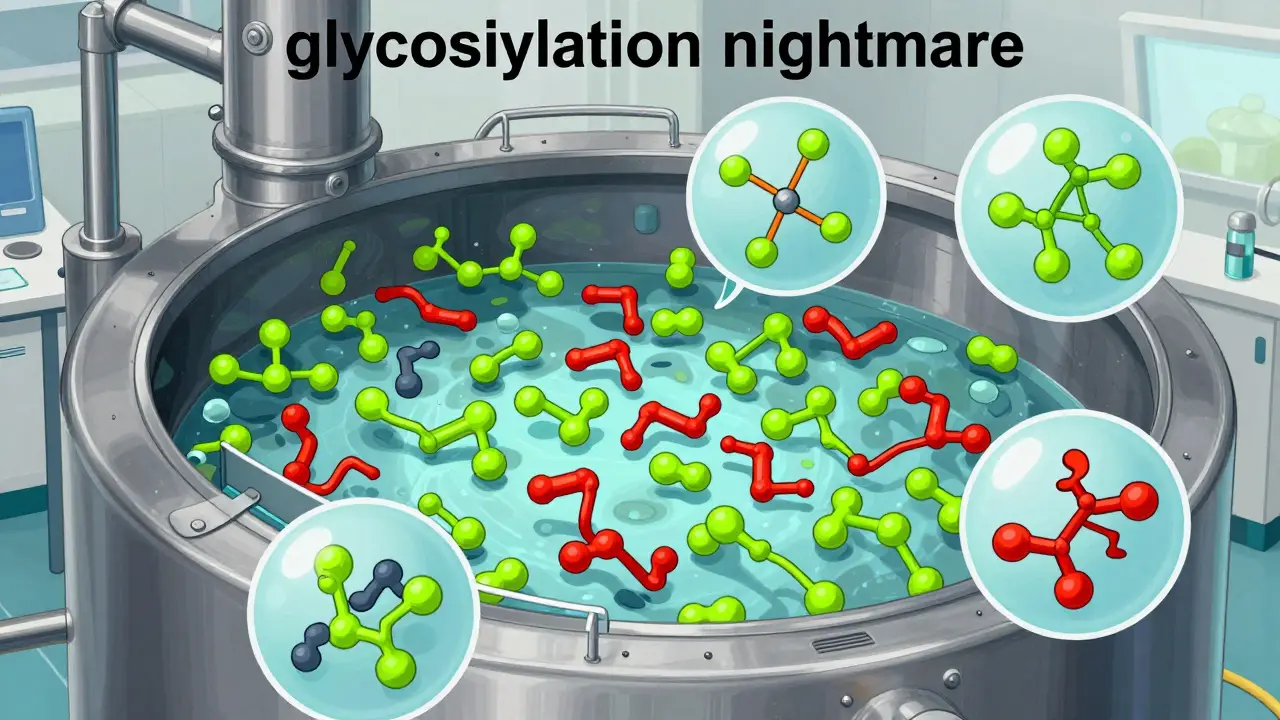 Diagram of proteins with sugar chains inside a bioreactor showing correct and incorrect glycosylation