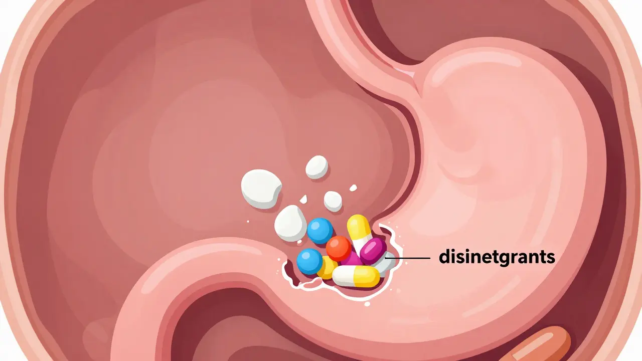 Illustration of a medicinal tablet breaking apart and dissolving within a stylized stomach environment.