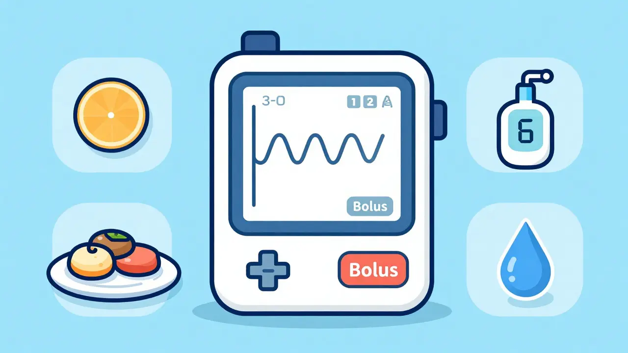 Illustration of an insulin pump screen showing basal rate graphs and meal bolus icons