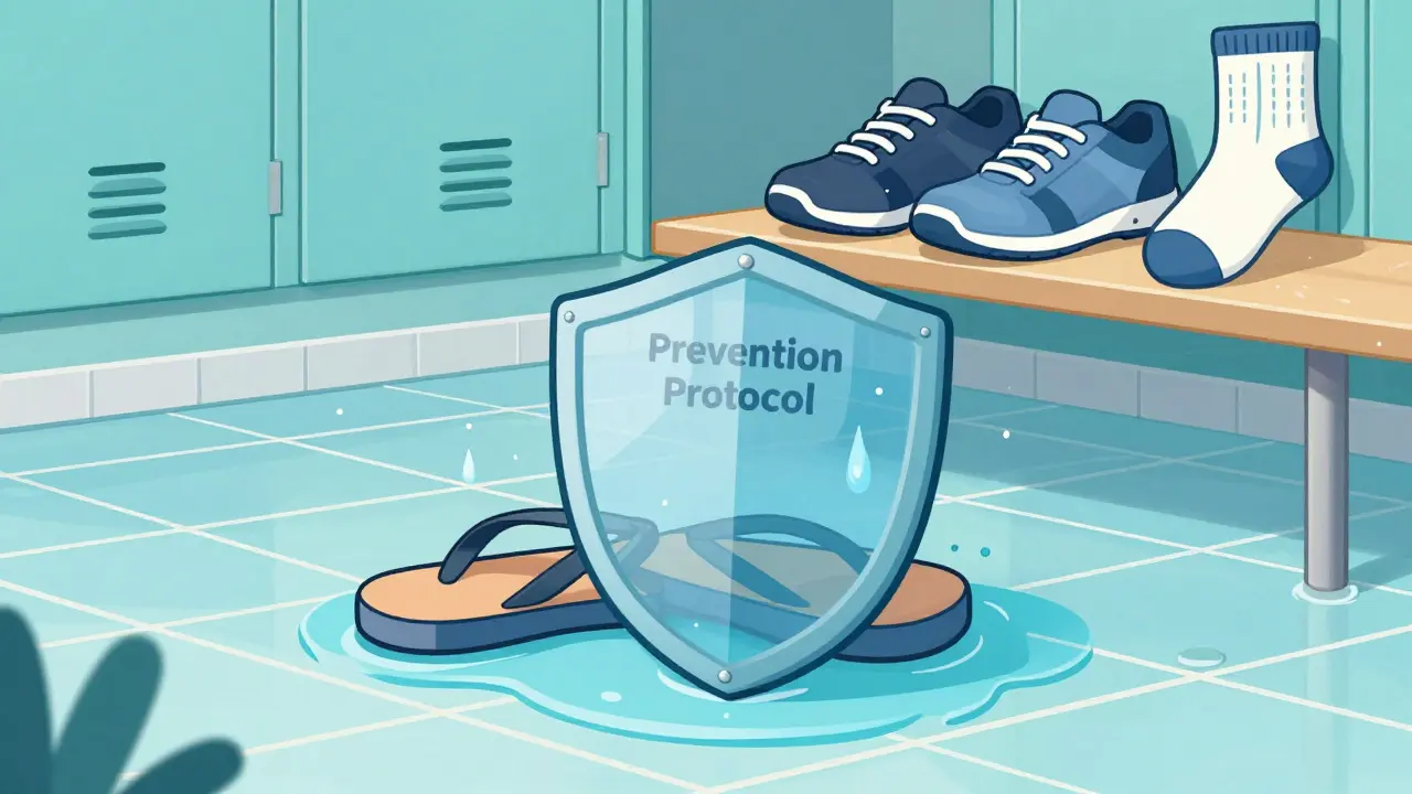 Illustration of flip-flops in a gym shower and shoes airing out for prevention