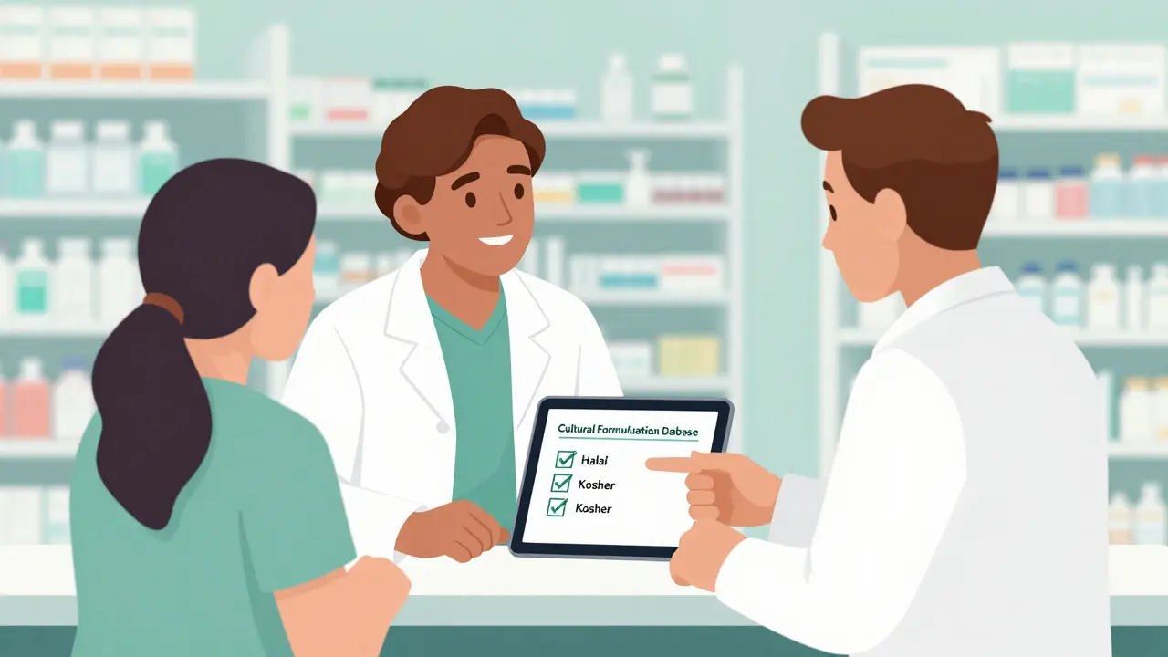 Pharmacist using a tablet to find Halal and Kosher certified medications for a patient.
