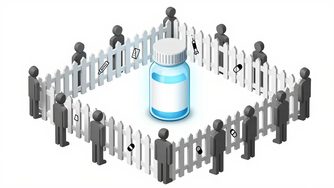 Technical drawing of a medicine bottle protected by a perimeter of picket fences representing patent thickets.