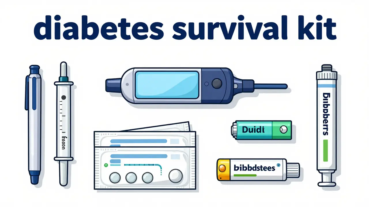 Top-down technical illustration of a diabetes survival kit with a pump, insulin pen, and glucose tabs