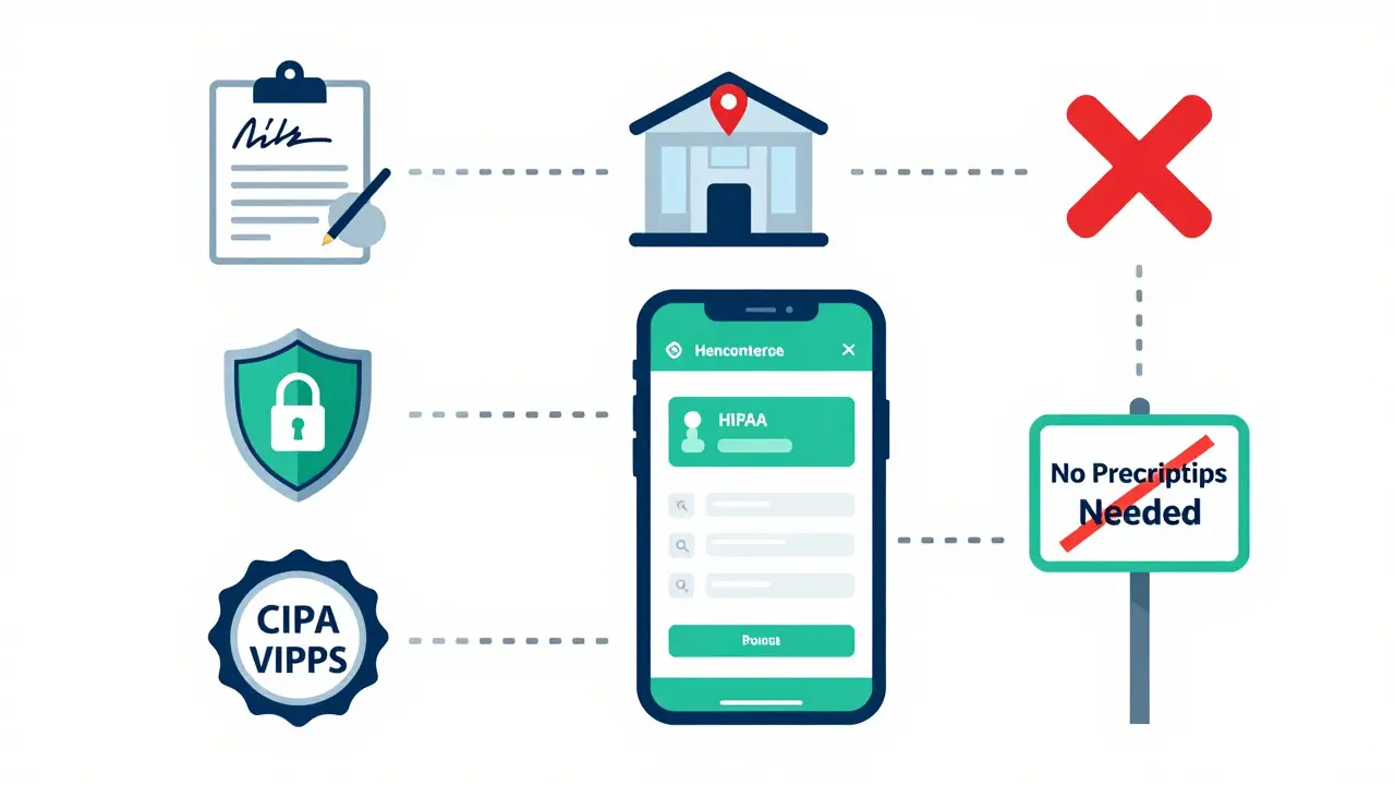 Checklist graphic for verifying safe online pharmacies with prescription and security