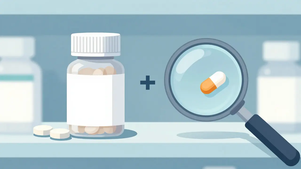 Comparison of original and reformulated pills on a shelf