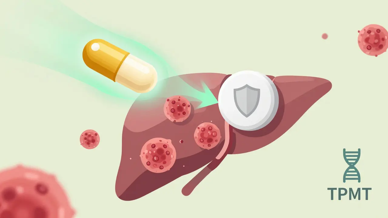 Conceptual art of steroids and azathioprine treating liver inflammation