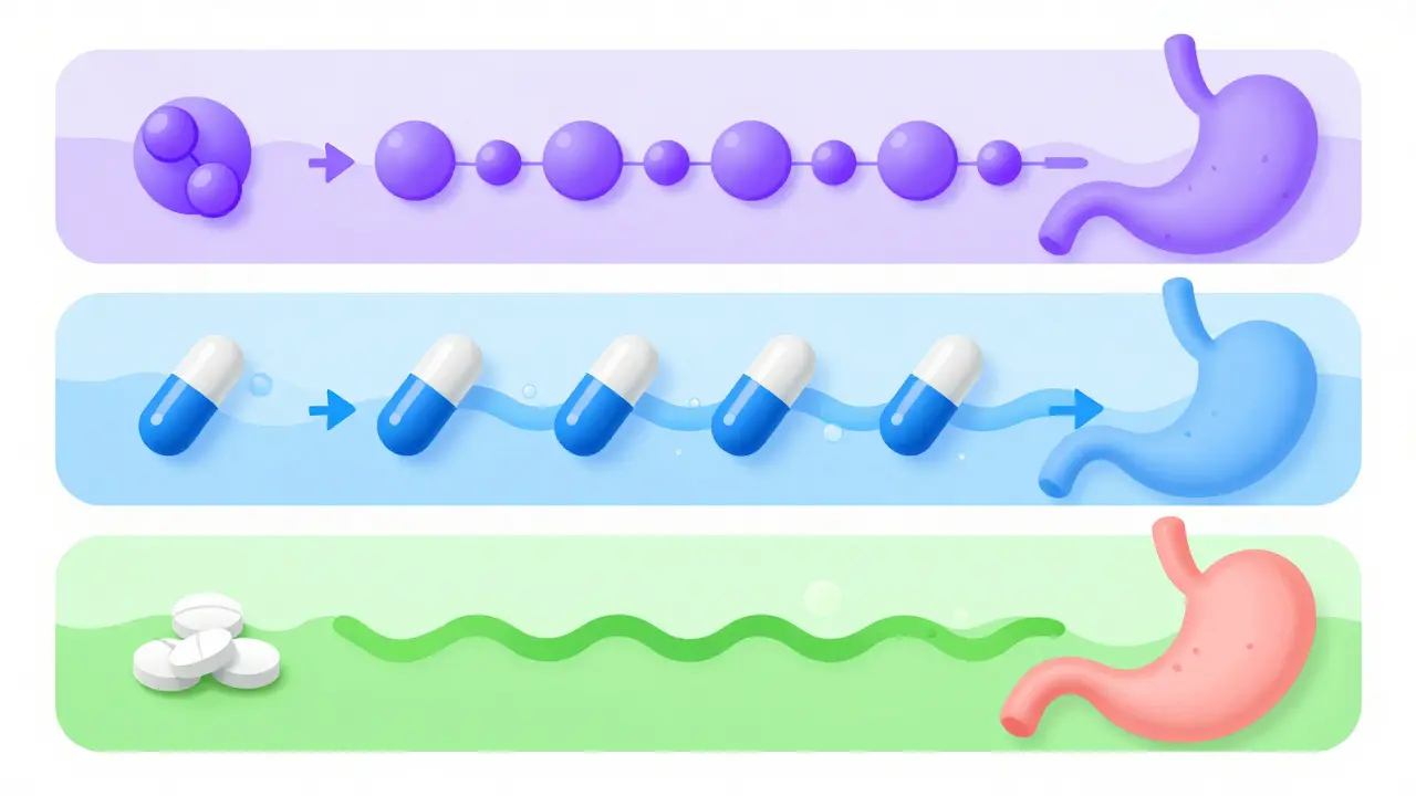 Diagram comparing antacids, H2 blockers, and PPIs as steps for treating heartburn with pill icons and stomach graphics.