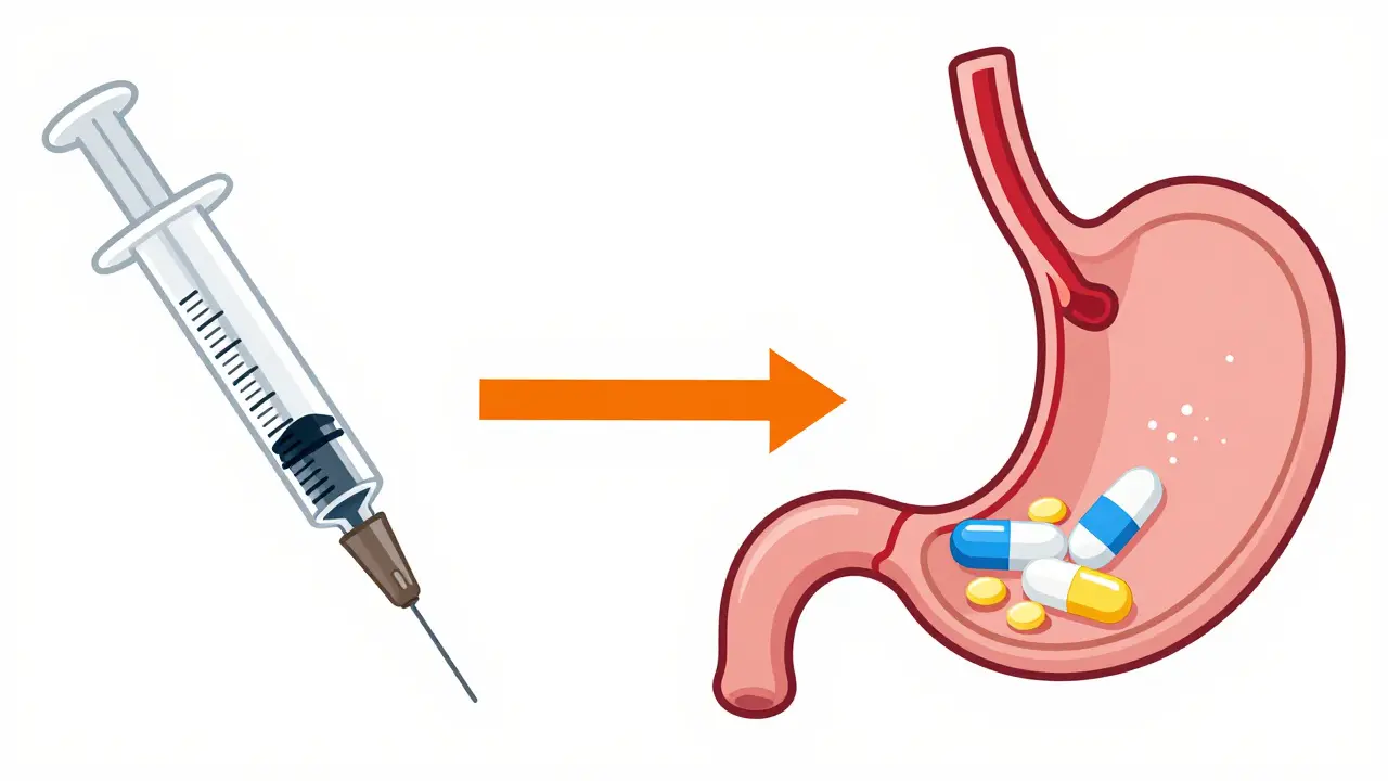 Diagram comparing injection vs oral drug delivery methods