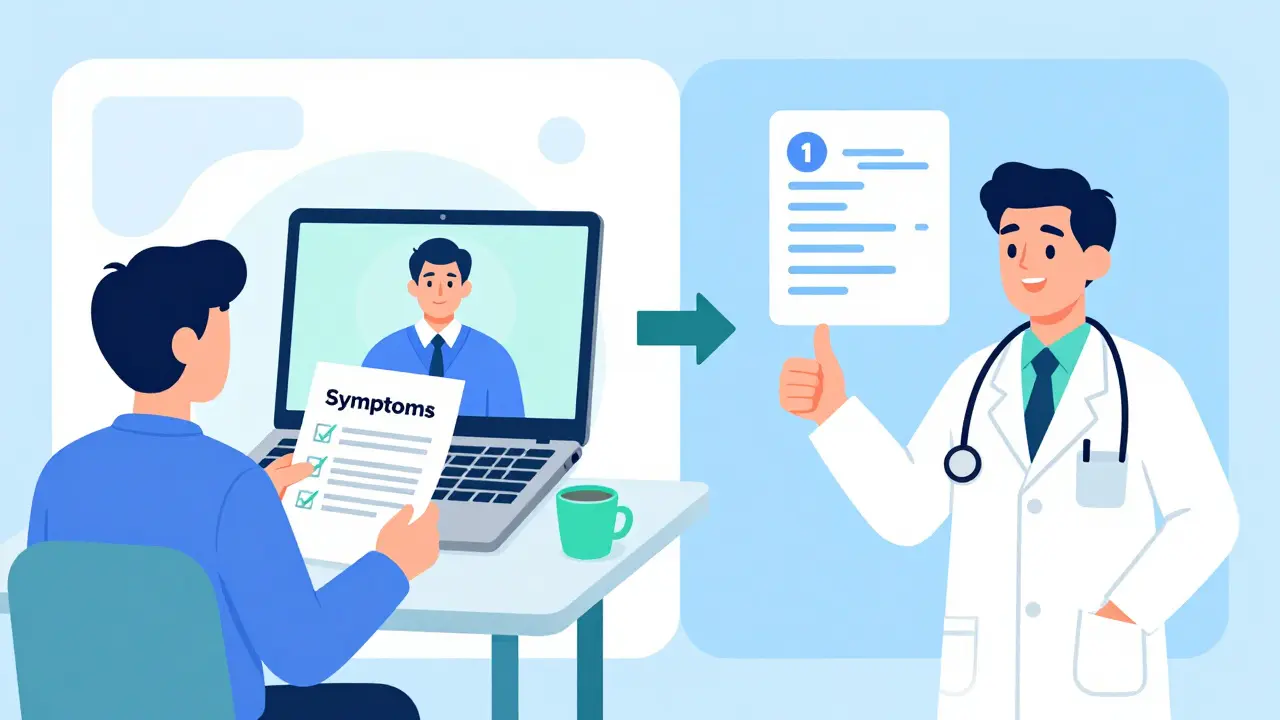Diagram of telehealth consultation leading to an online prescription