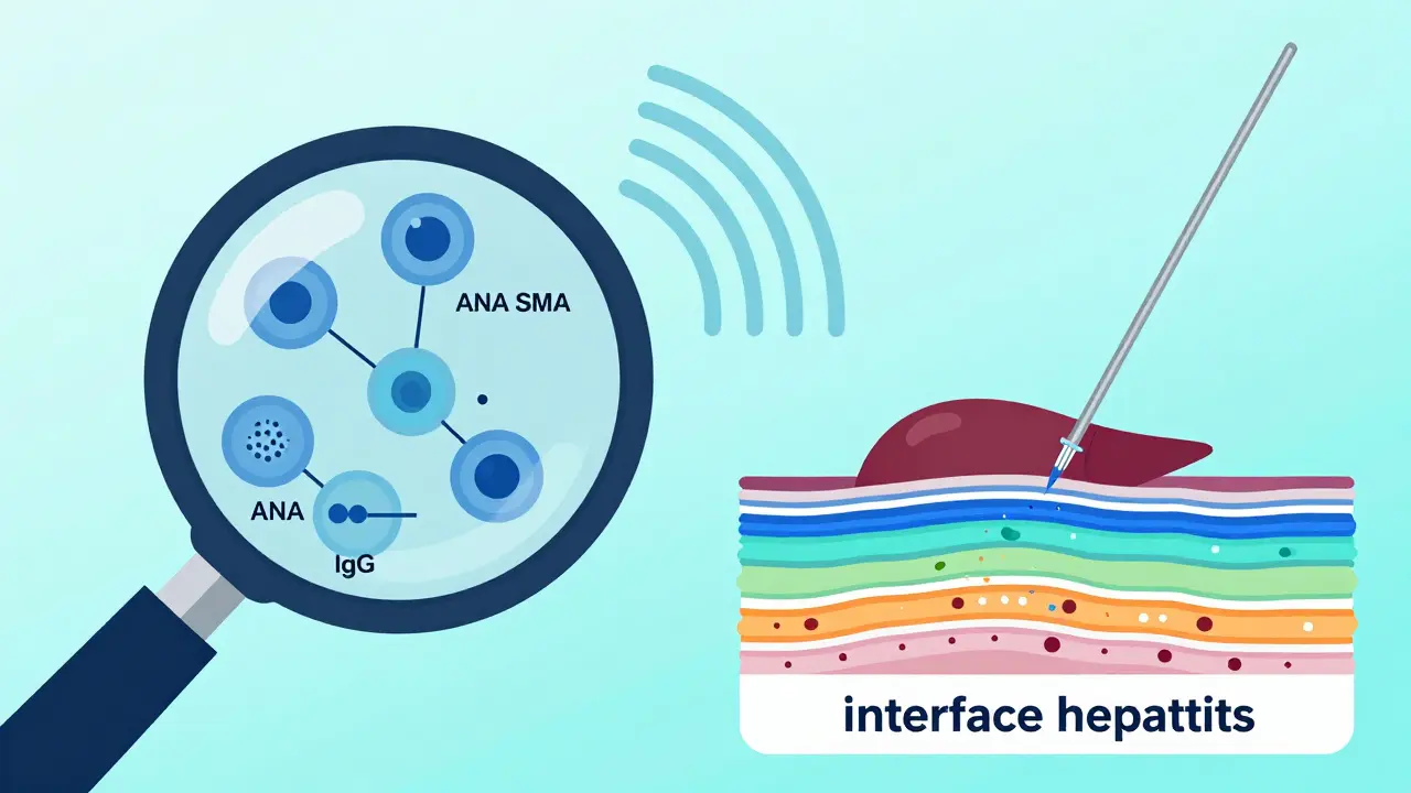 Diagram showing blood tests and liver biopsy for diagnosis
