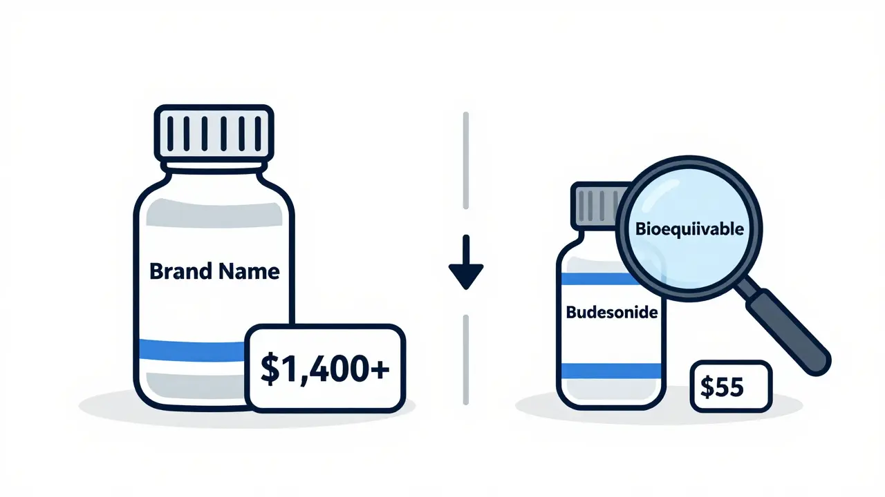 Illustration comparing high brand name drug cost to low generic budesonide price