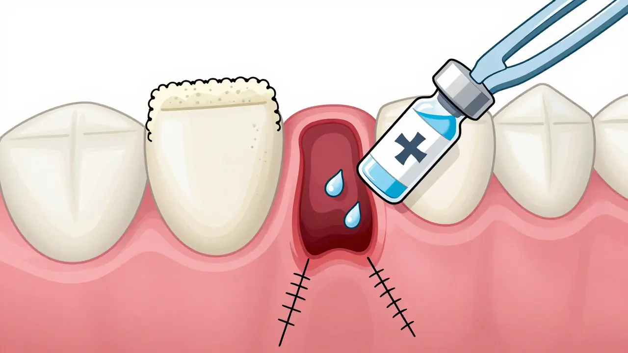 Illustration of dental stitches and hemostatic agents
