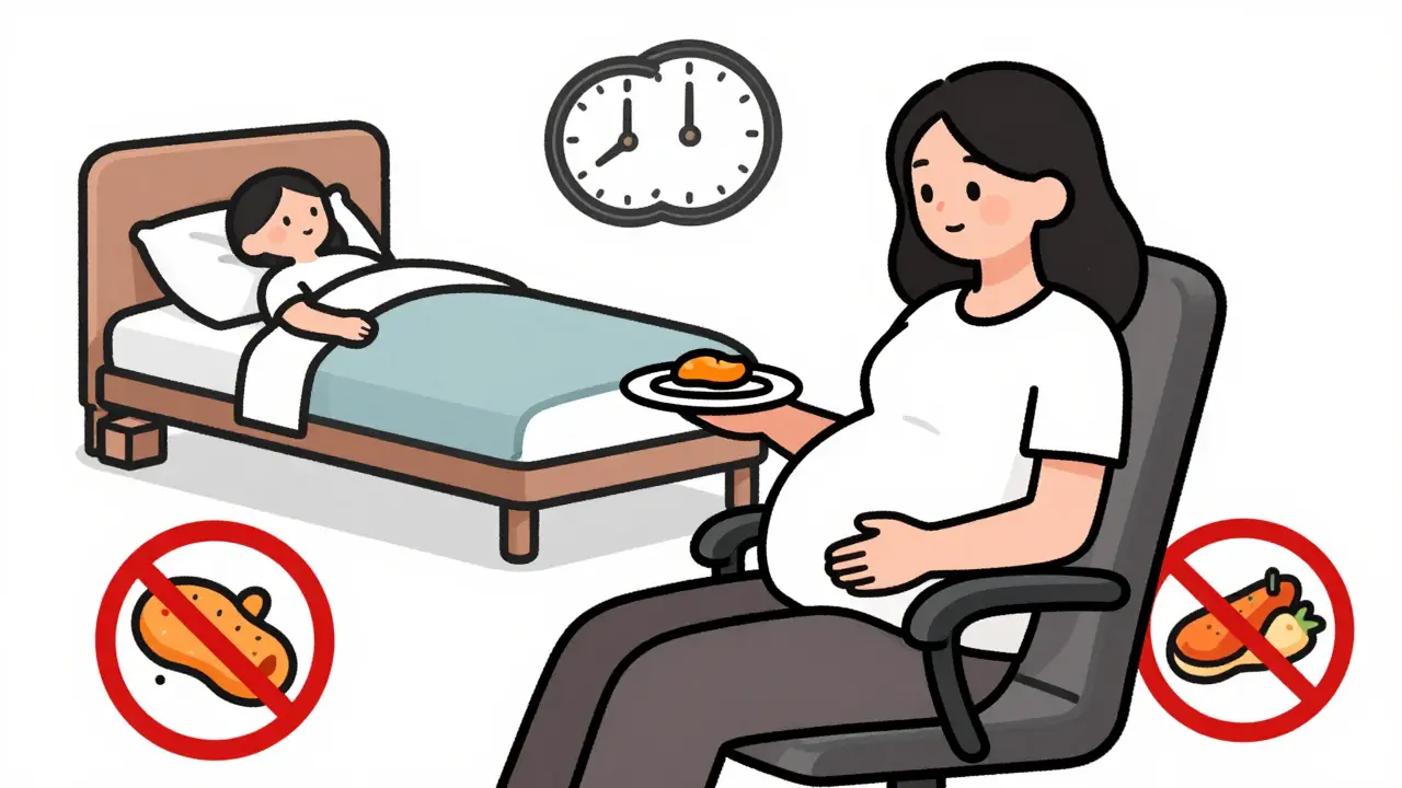 Illustration of lifestyle tips for heartburn relief including small meals, upright posture, and an elevated bed.