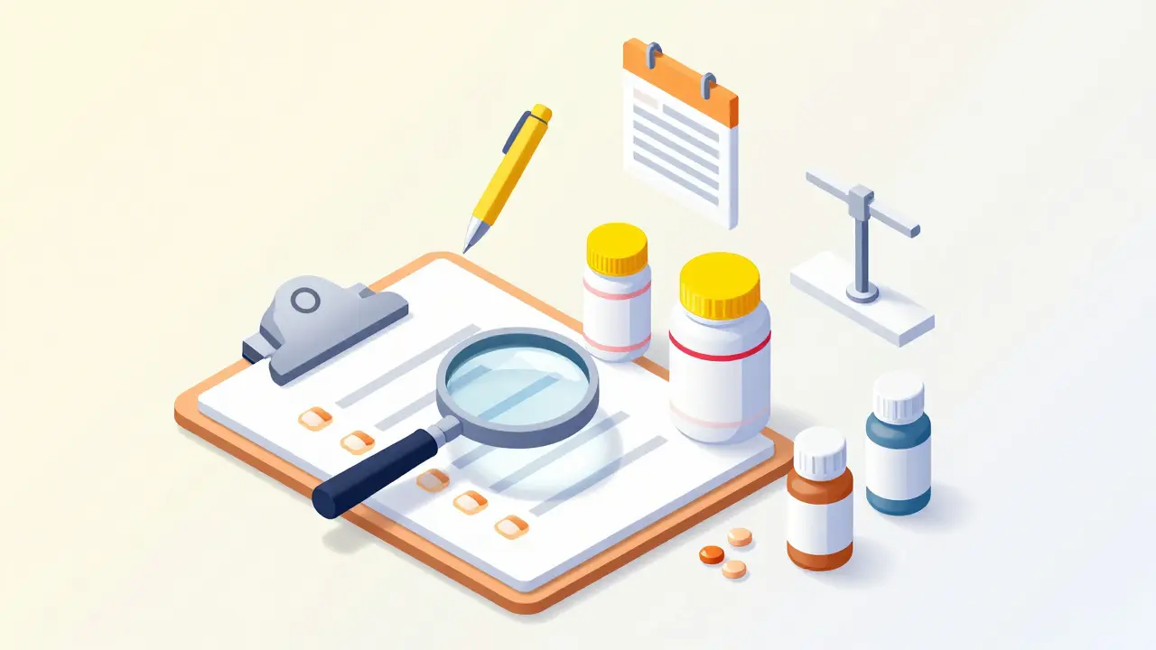 Illustration of tracking medications and symptoms on a doctor's desk