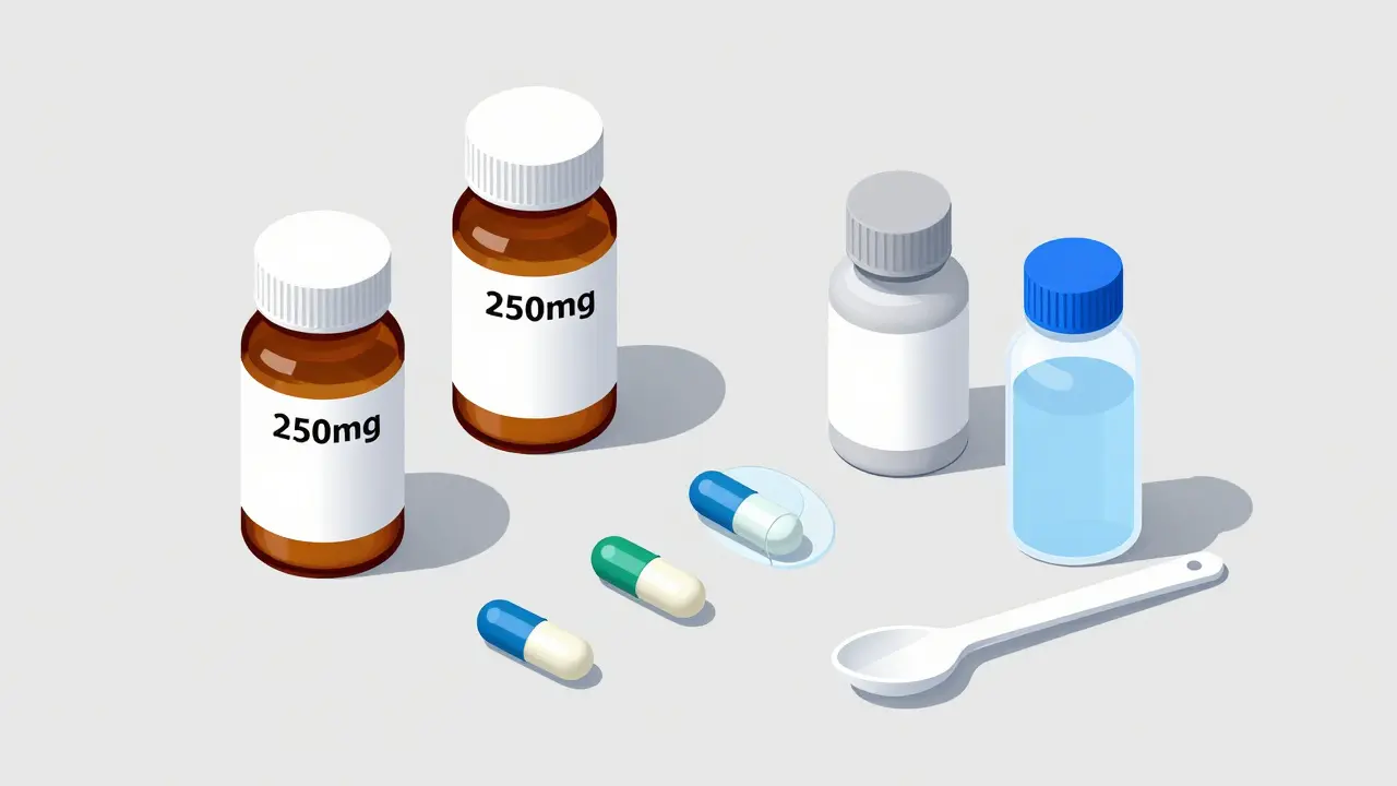 Isometric illustration of various clarithromycin pill and liquid forms.