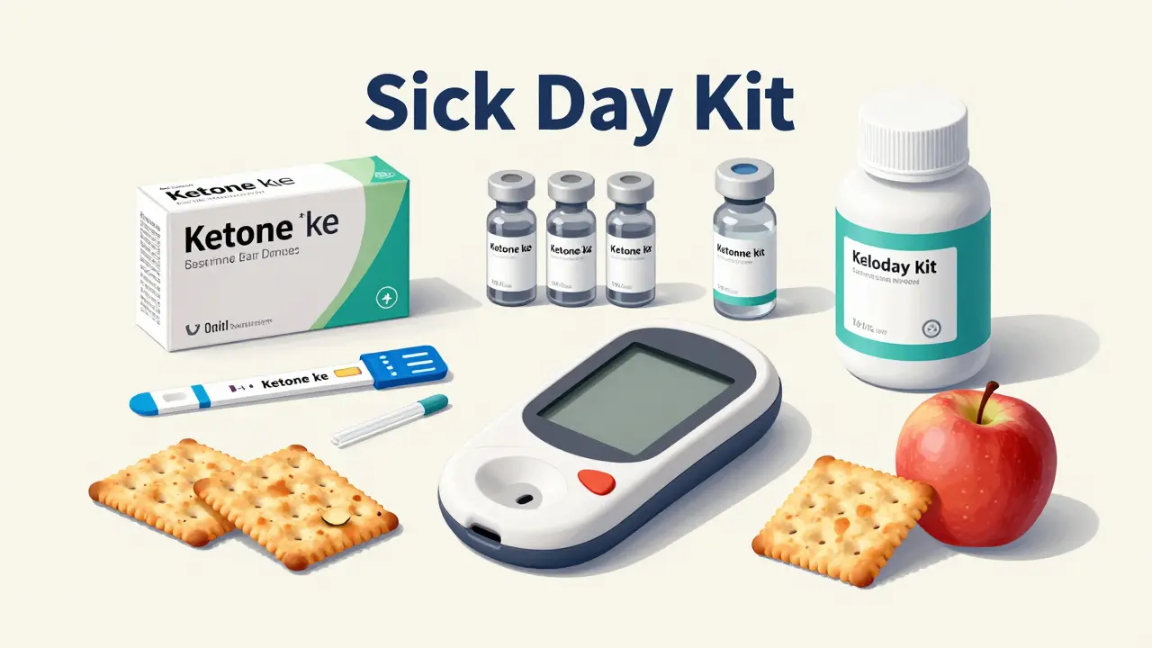 Organized sick day kit with diabetes supplies