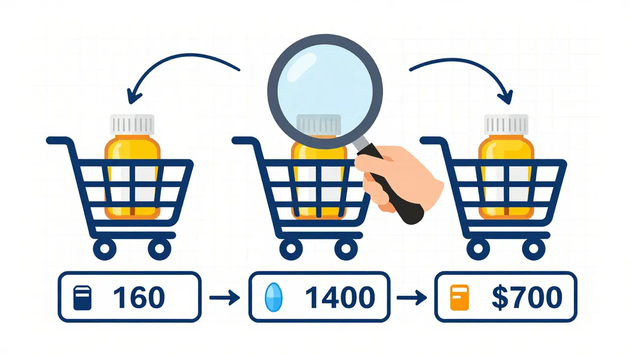 Technical drawing showing price comparison for medication purchases.