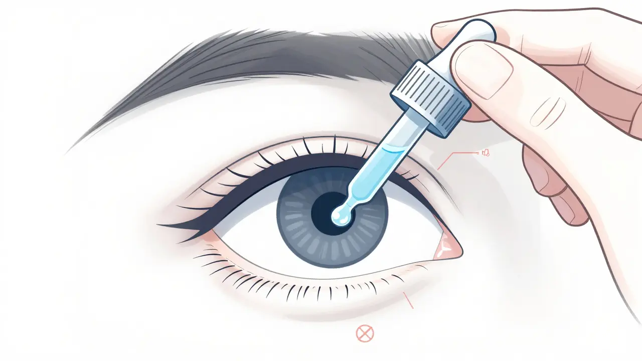 Technical drawing showing proper eye drop application technique