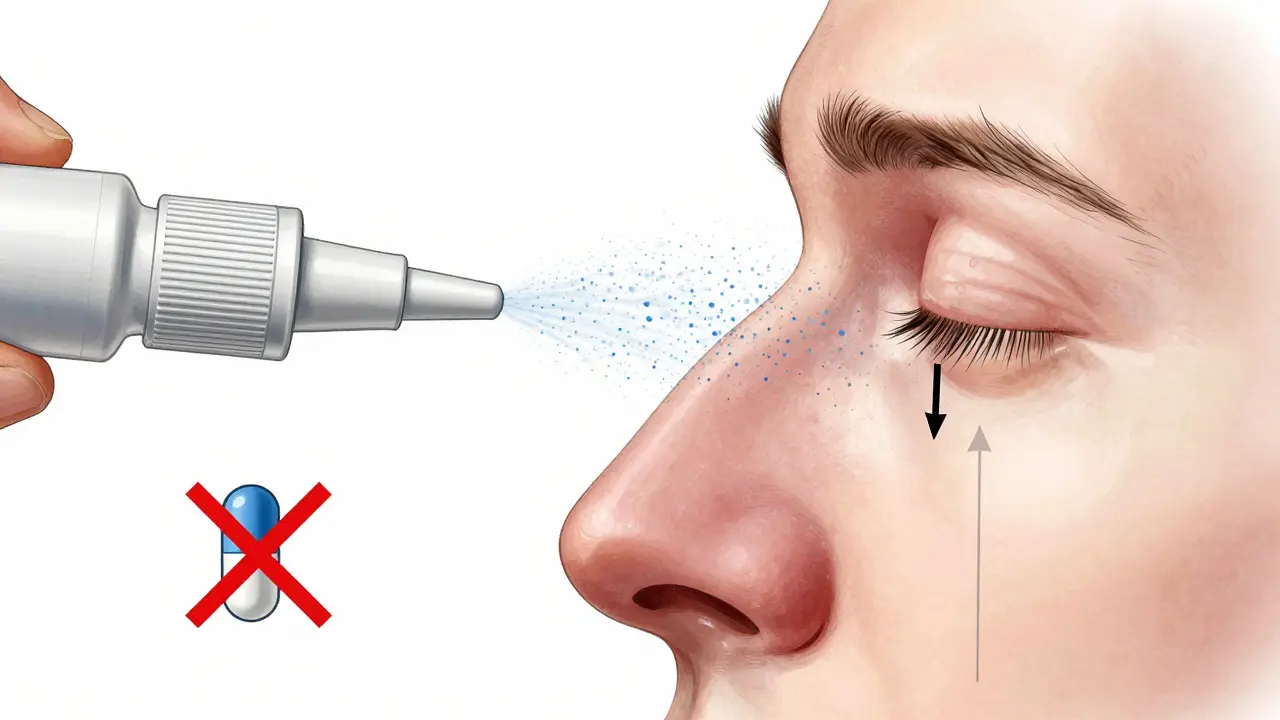 Anatomical illustration of nasal spray targeting congestion locally
