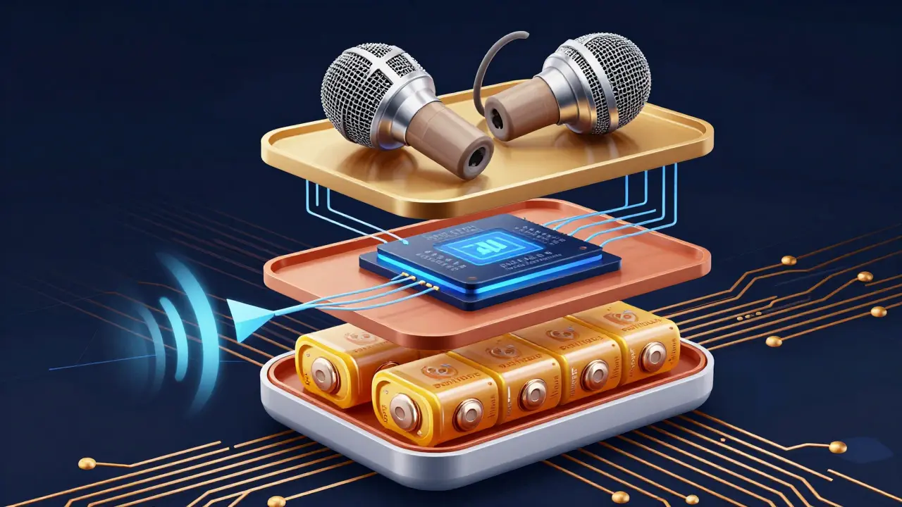Cross-section diagram of hearing aid internals showing mics, AI chip, and battery