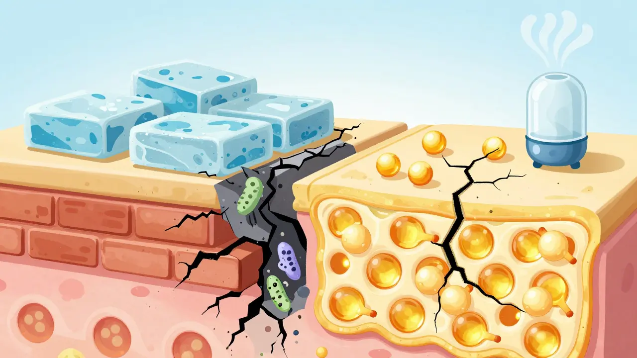 Diagram comparing damaged skin barriers with repaired, moisturized skin structures.