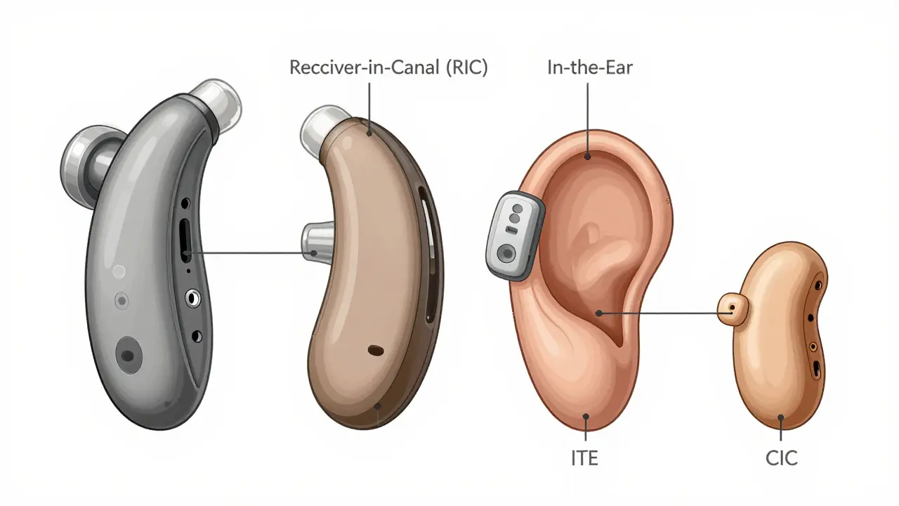 Illustrated cutaway of BTE, RIC, ITE, and CIC hearing aid styles with features