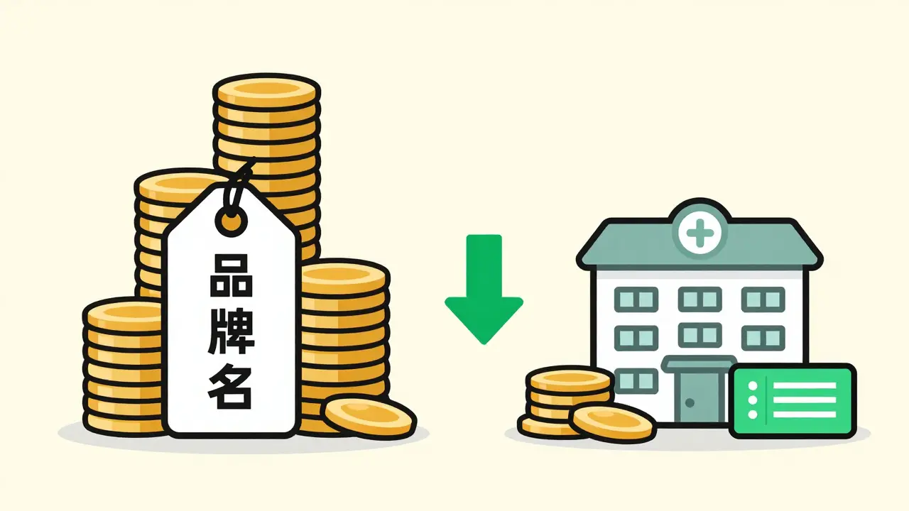 Illustration comparing high brand drug costs vs low generic savings